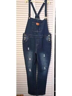JEANS Denim Overalls Women's Size XL Medium Wash Distressed